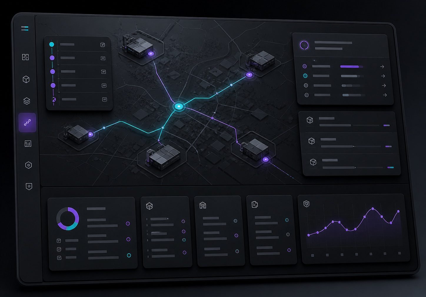 Logistics operations dashboard with routes and warehouse nodes