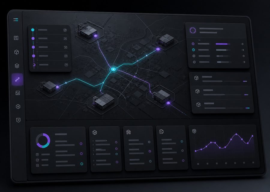 Logistics operations dashboard with routes and warehouse nodes